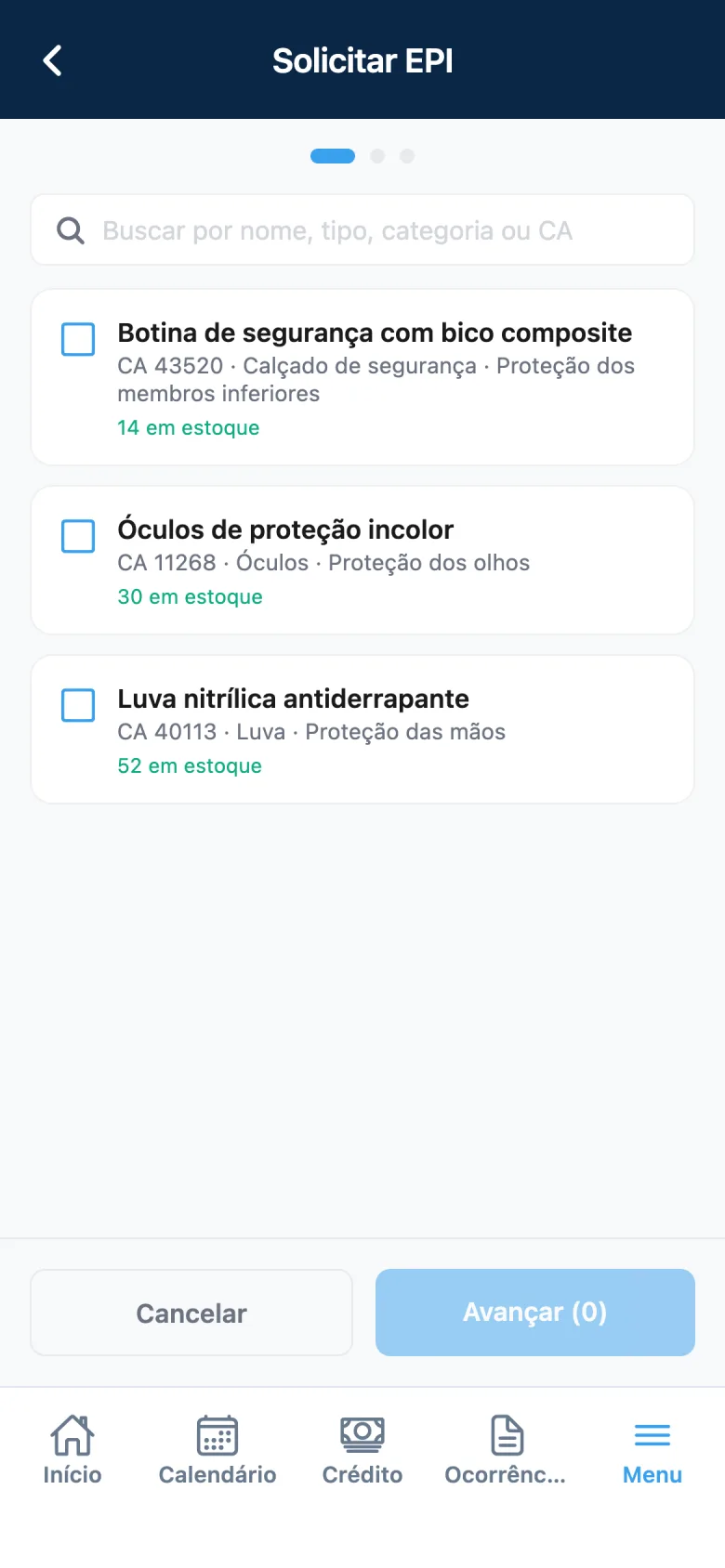 Solicitação de novo EPI pelo app Point