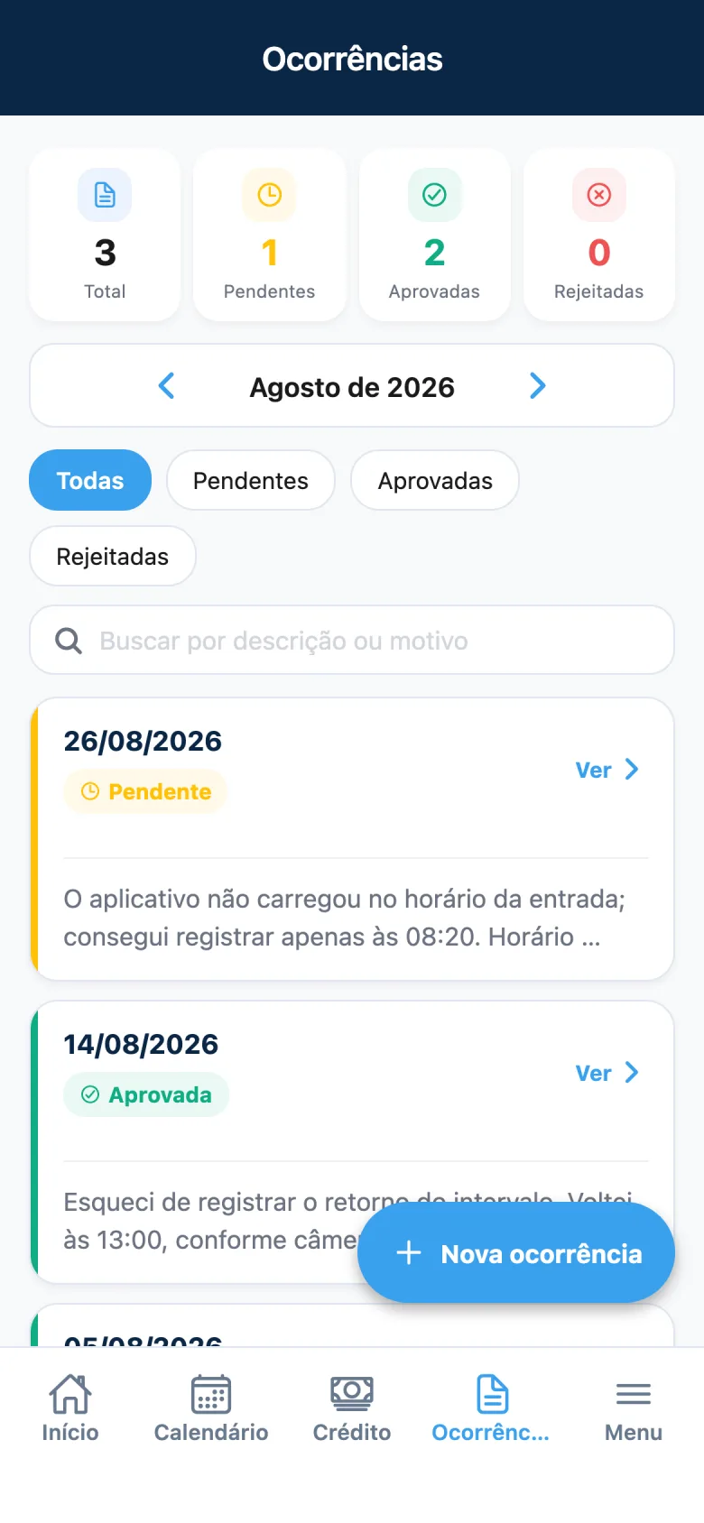 Ocorrências no app Point com contadores por status