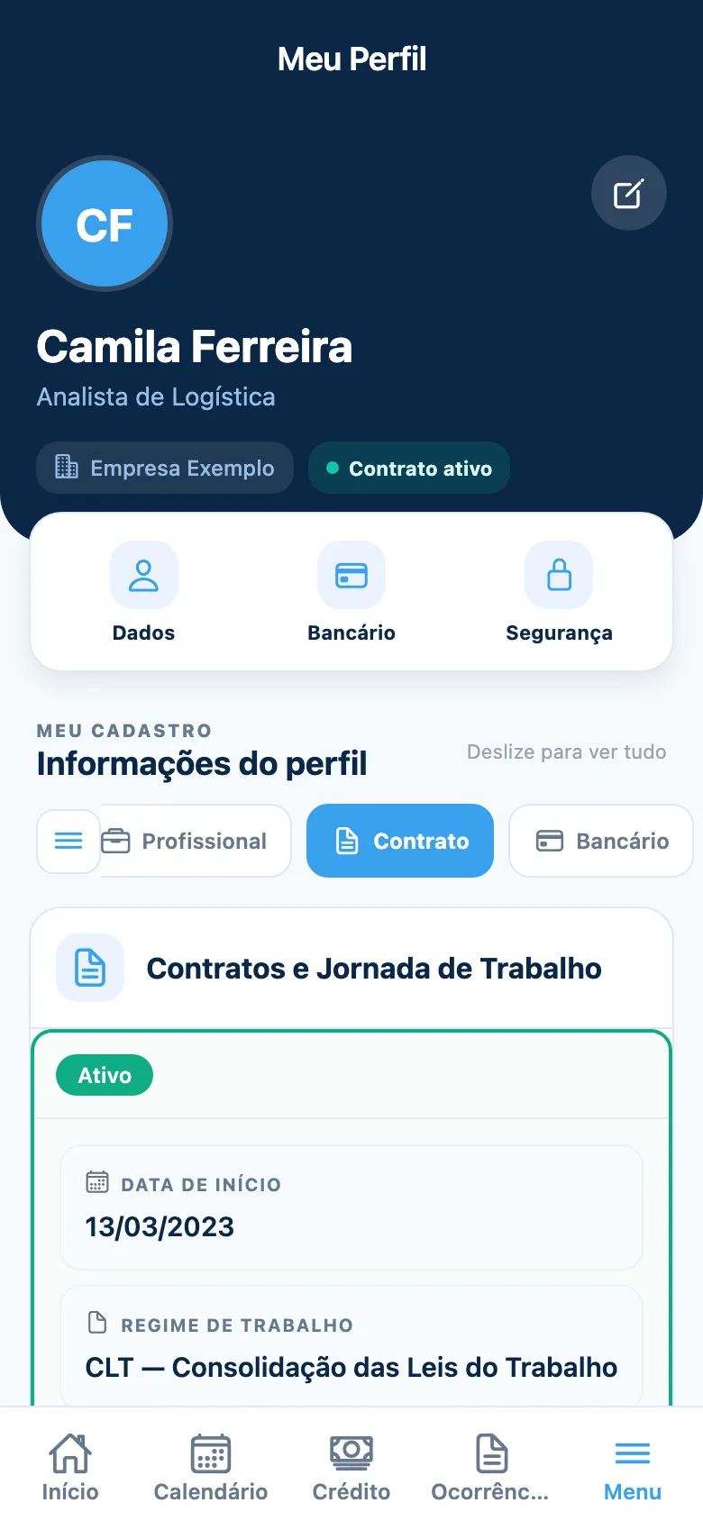Aba de contrato no app Point mostrando a escala do colaborador