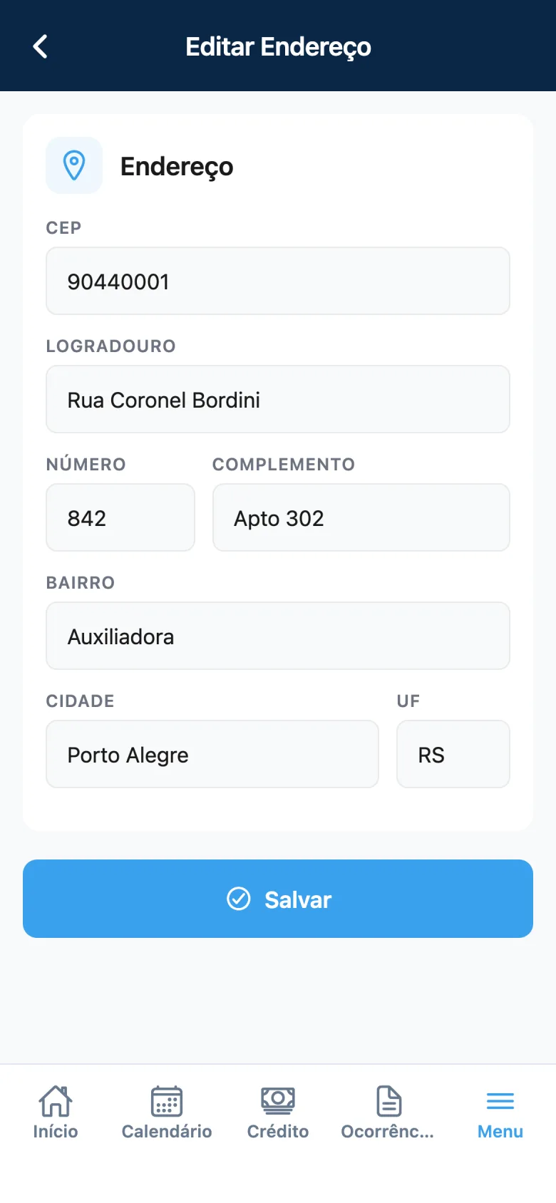Edição de endereço no app Point com preenchimento automático por CEP