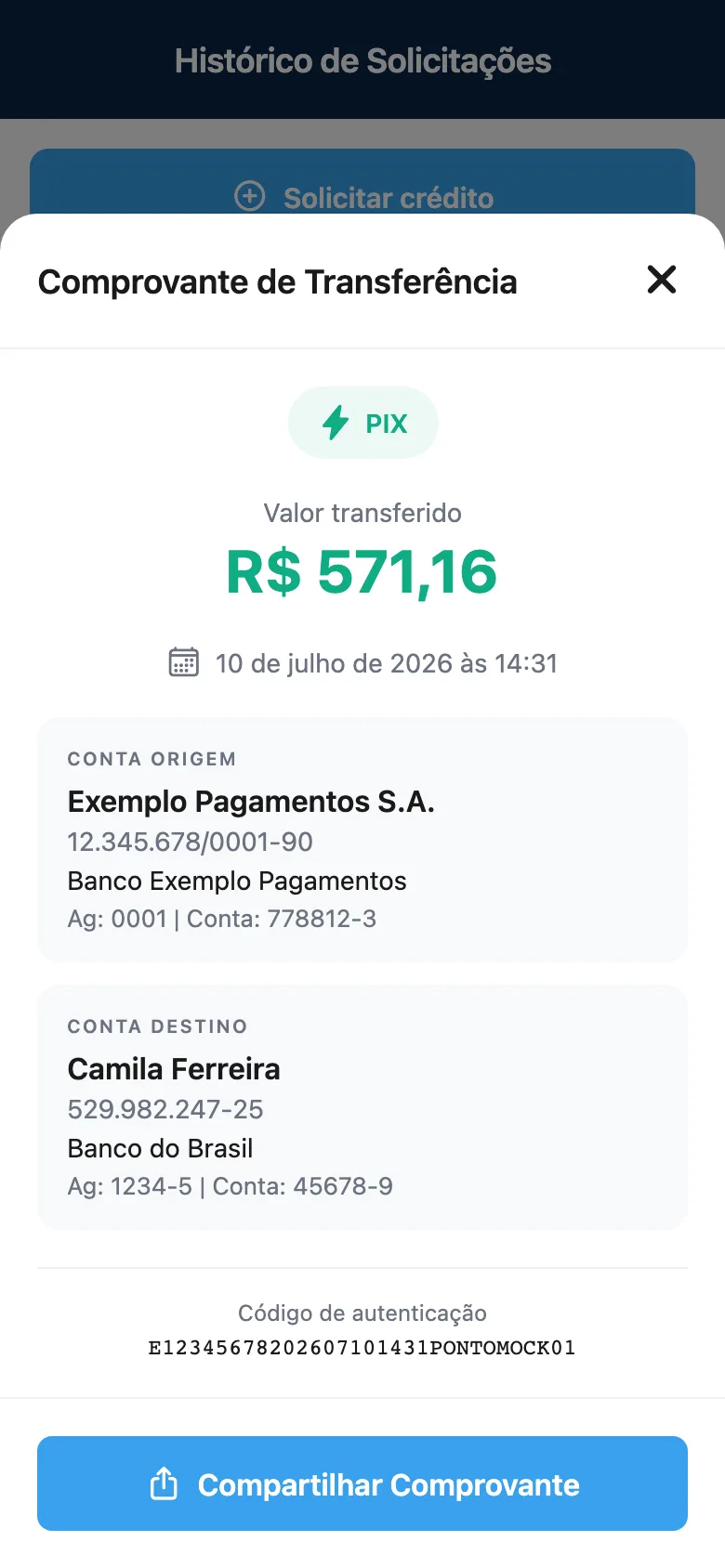 Comprovante PIX de antecipação salarial no app Point