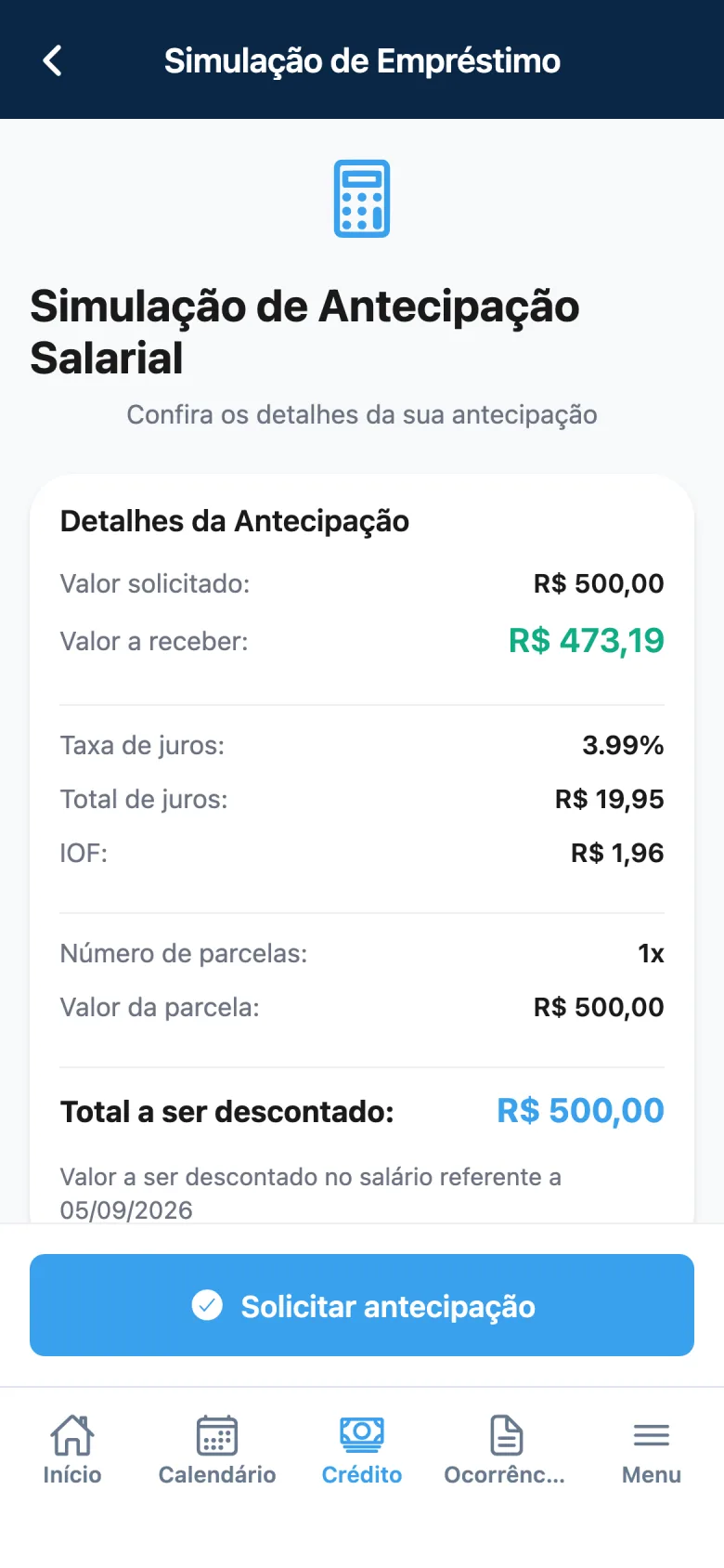 Simulação de antecipação salarial no app Point com custos abertos