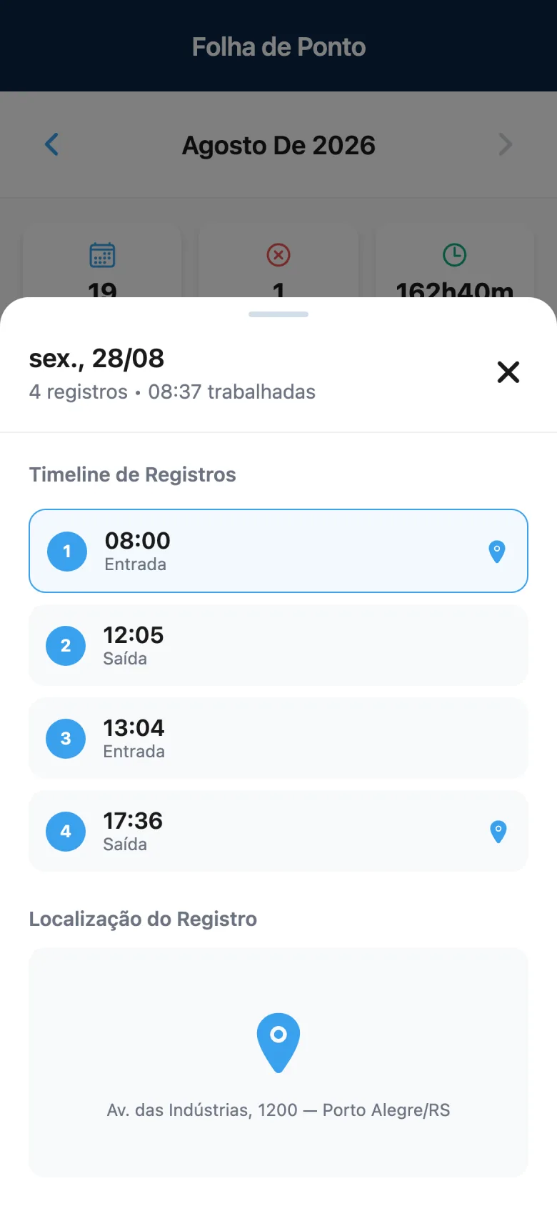 Detalhe de batida no app Point com localização