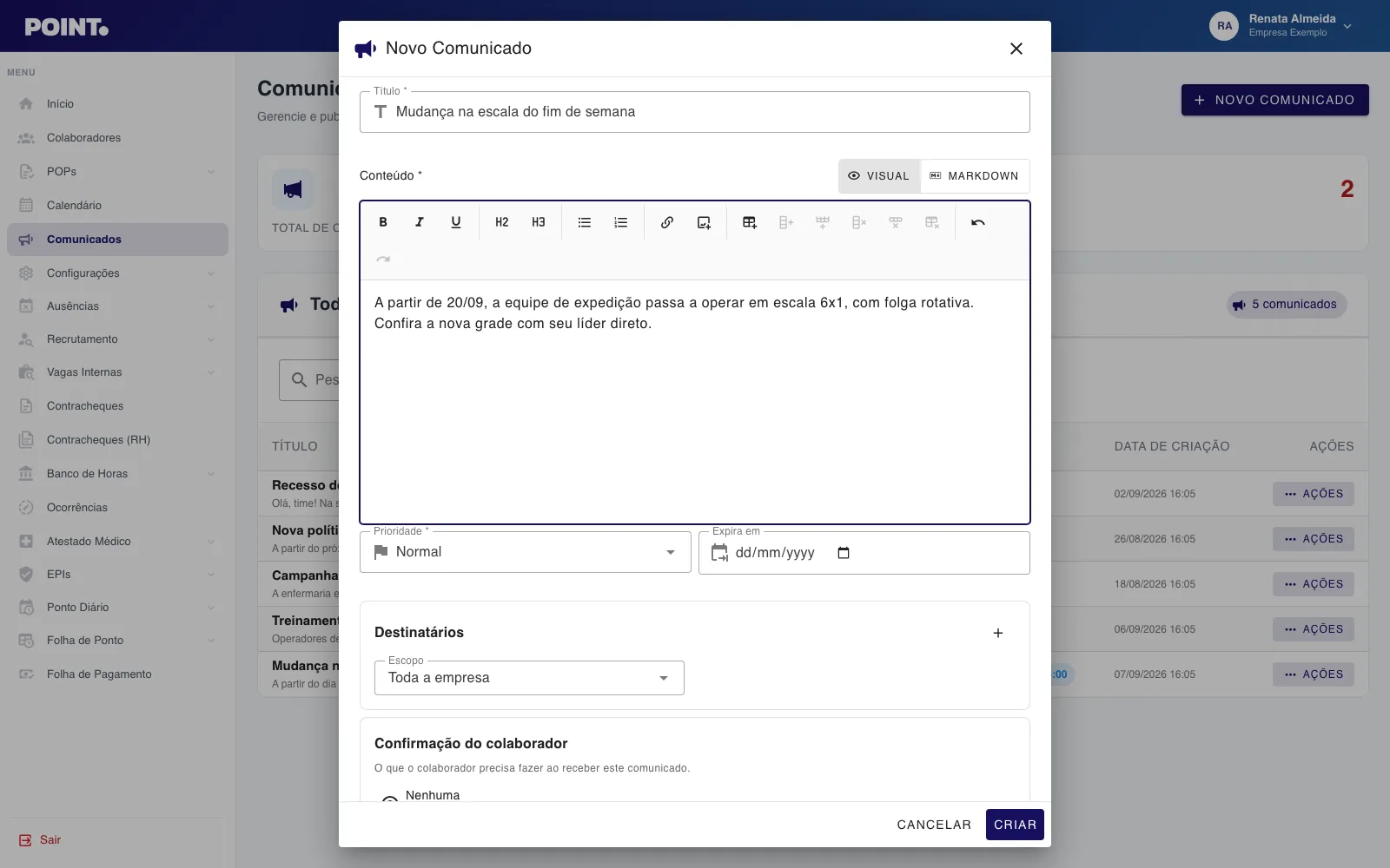 Editor de comunicado no painel Point com conteúdo formatado, destinatários e modo de confirmação