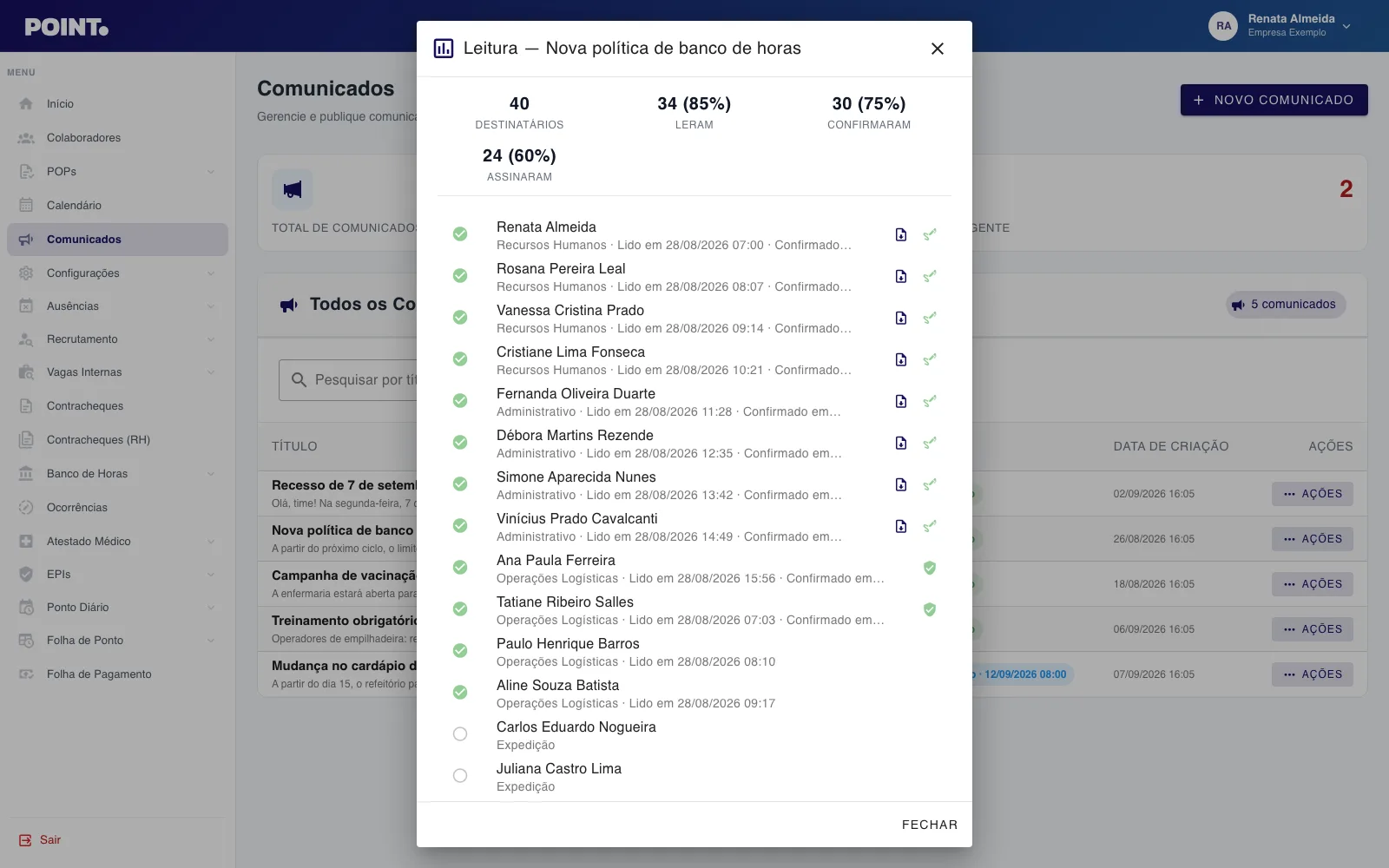 Relatório de leitura de um comunicado no painel Point, com a lista nominal de quem leu, confirmou e assinou