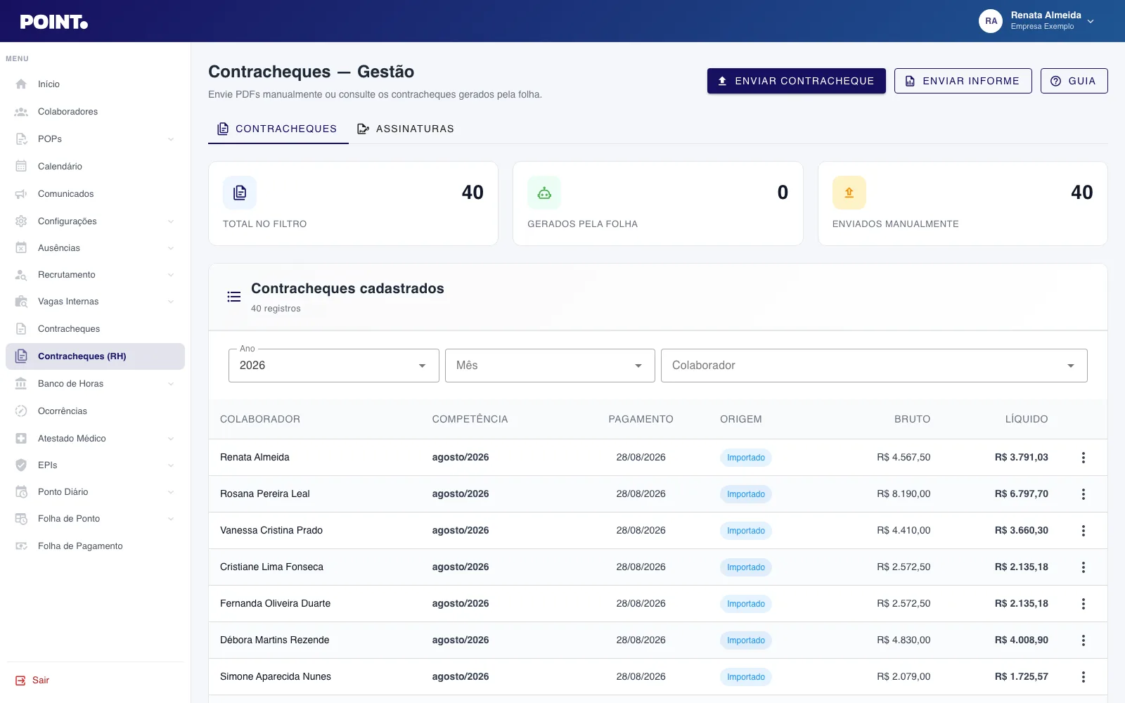 Gestão de contracheques no painel Point com status de assinatura
